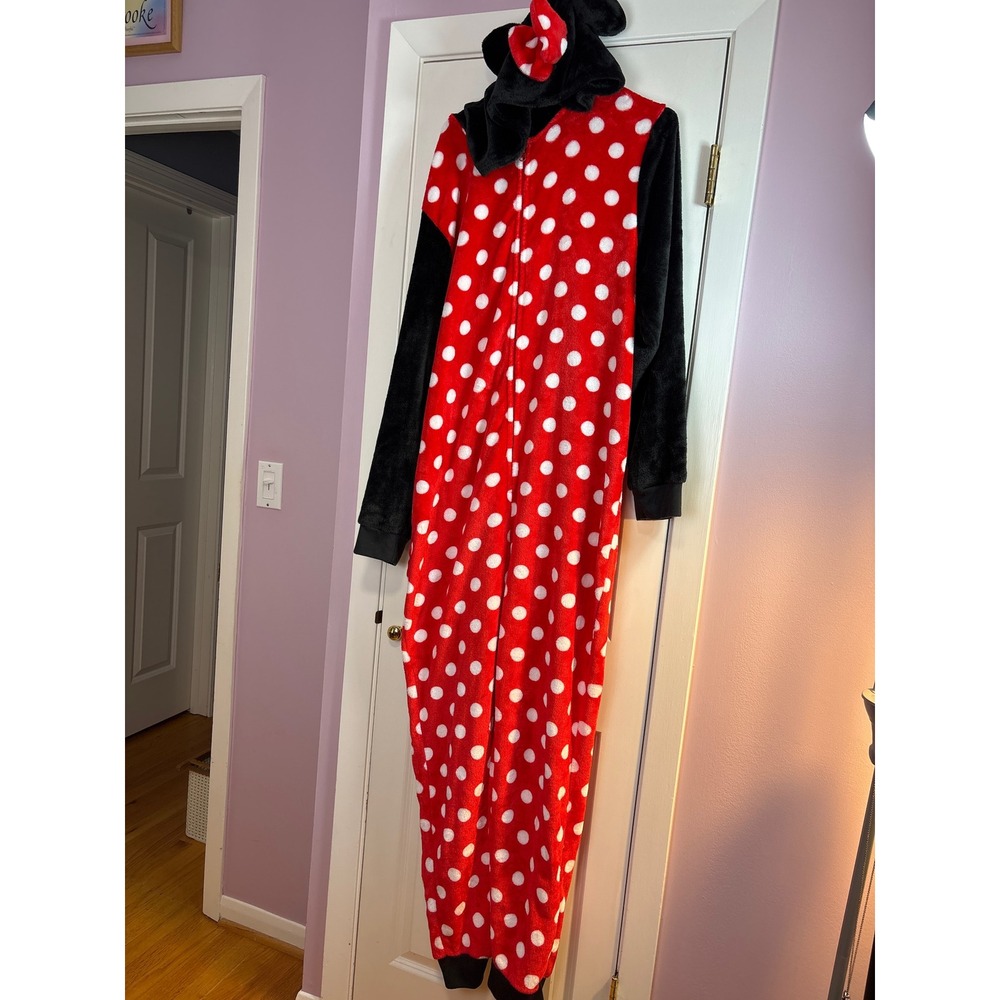 Disney Minnie Mouse Plush Hooded Union Suit Polka Dot Pajamas Red Black 2XL